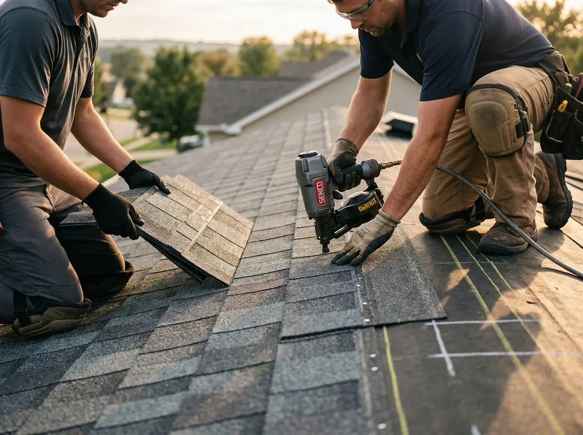 Professional roofer working on a residential roof in Wheelersburg